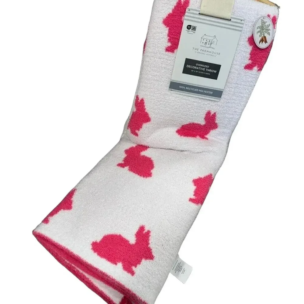 Reversible Rachel Ashwell Throw Blanket Hot Pink Easter Bunny Rabbit Knit New
